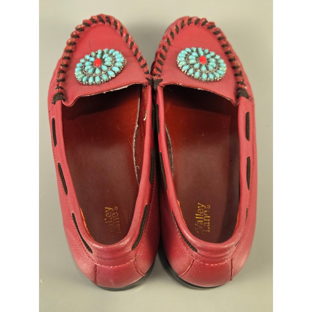 Valley Lane Vintage Red Leather Moccasin Loafers Turquoise Concho Womens 7.5